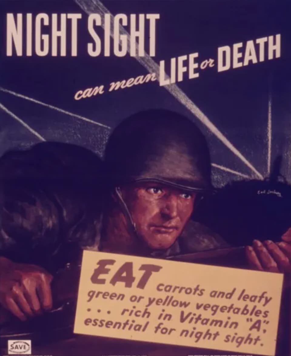 poster - Night Sight can mean Life or Death 177 Save Eat carre carrots and leafy green or yellow vegetables rich in Vitamin "A" essential for night sight.